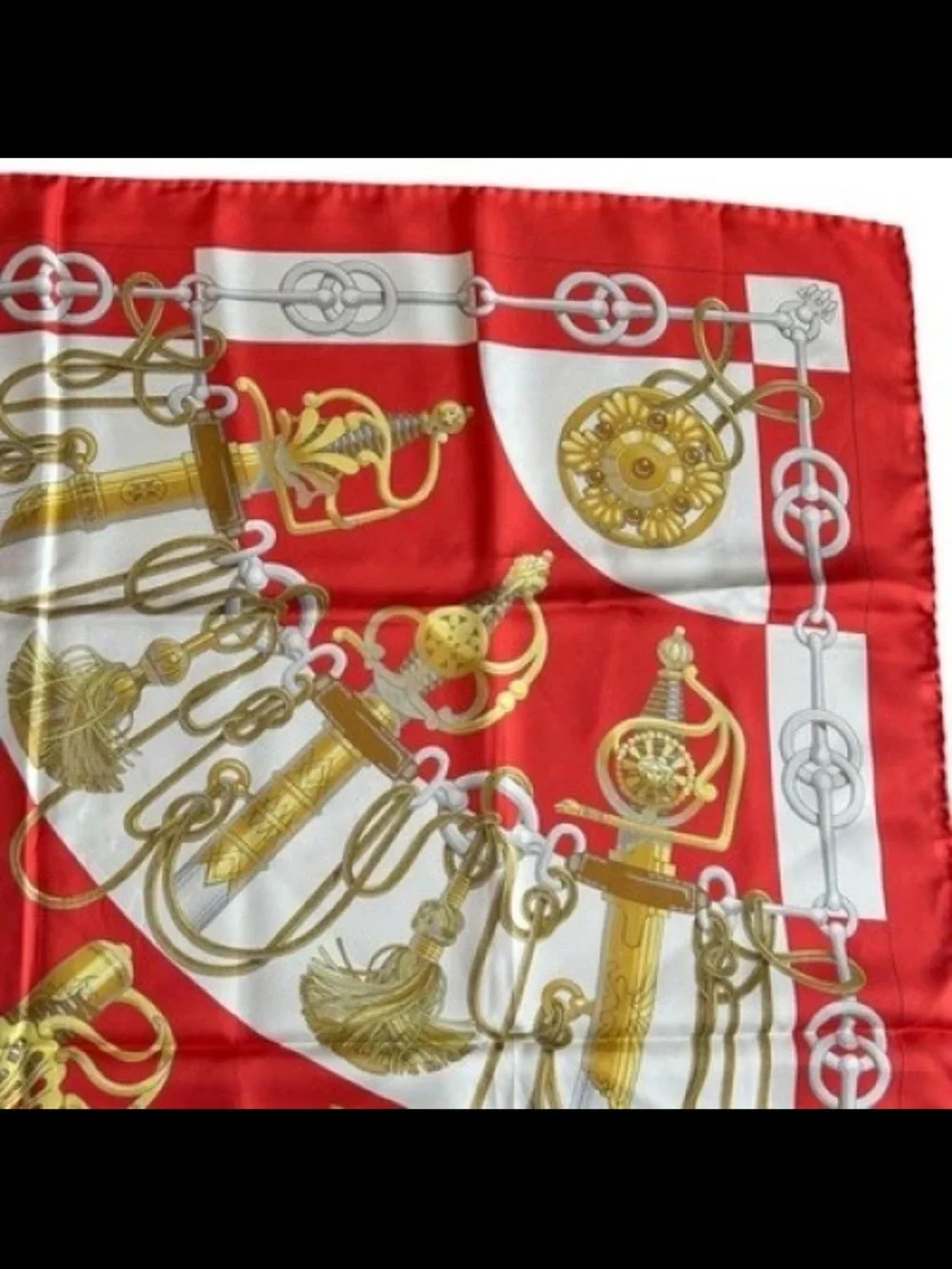 Hermes Red White and Gold Equestrian Print Silk Scarf